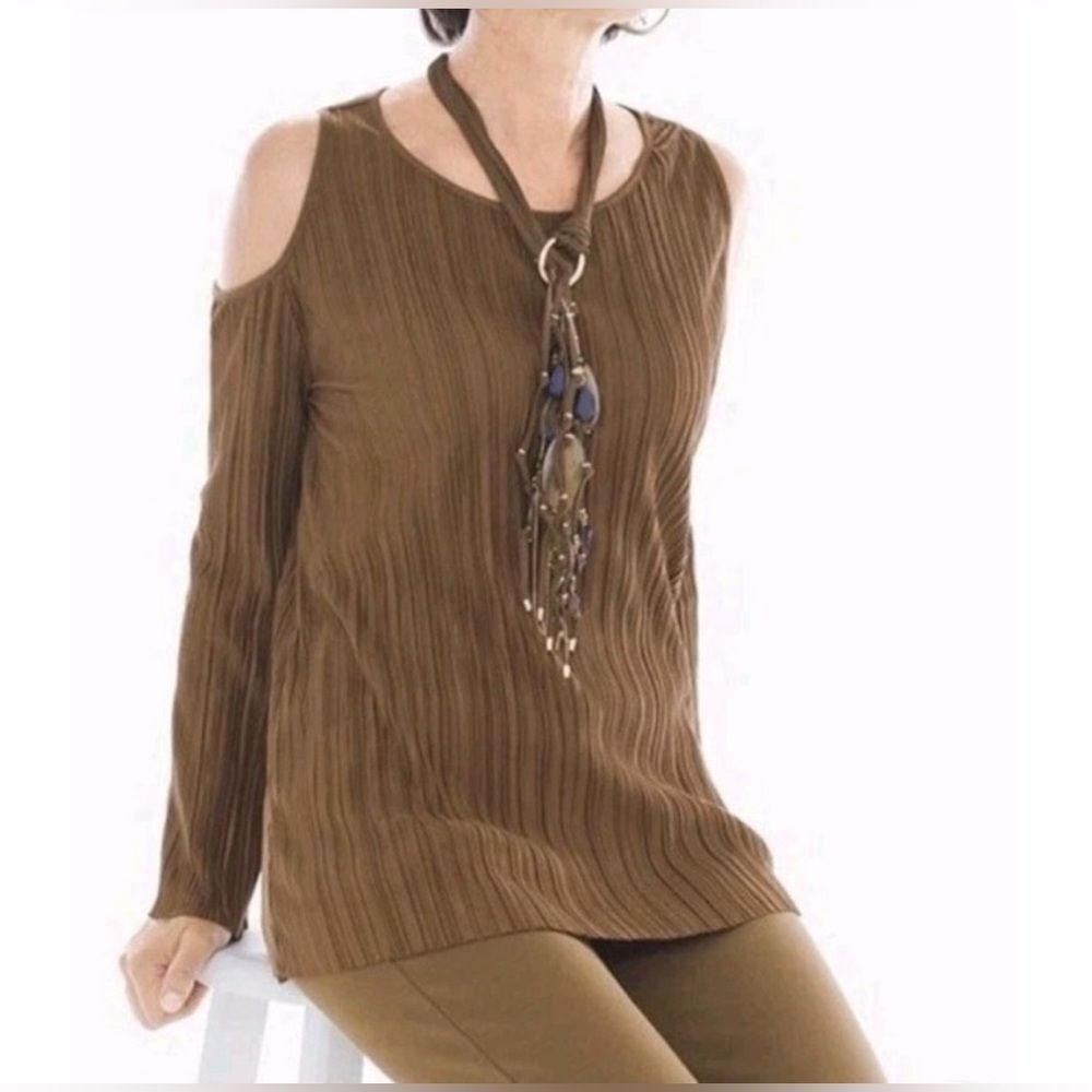 Chico’s Pleated Faux Suede Chocolate Brown Pleated Cold Shoulder Blouse 2 12 L